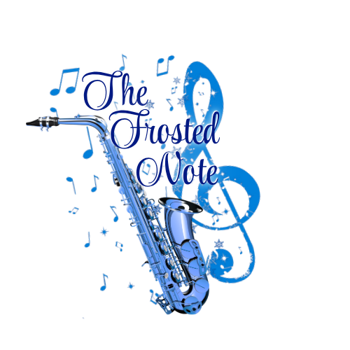 The logo for The Frosted Note. It features a blue saxophone surrounded by blue musical symbols.